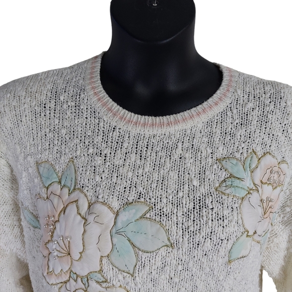 Jaclyn Smith VTG Knit Sweater Women's Large Beaded Floral Cream Pink Long Sleeve - Picture 10 of 16